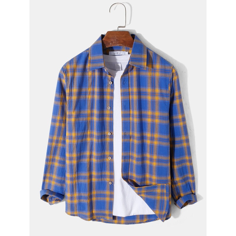 Mens Plaid Print Lapel Button Up Preppy Long Sleeve Shirts