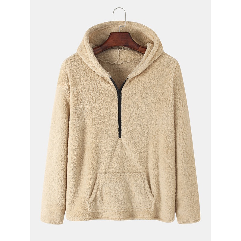 Mens Plush Fluffy Solid Color Half Zipper Hoodie With Pocket