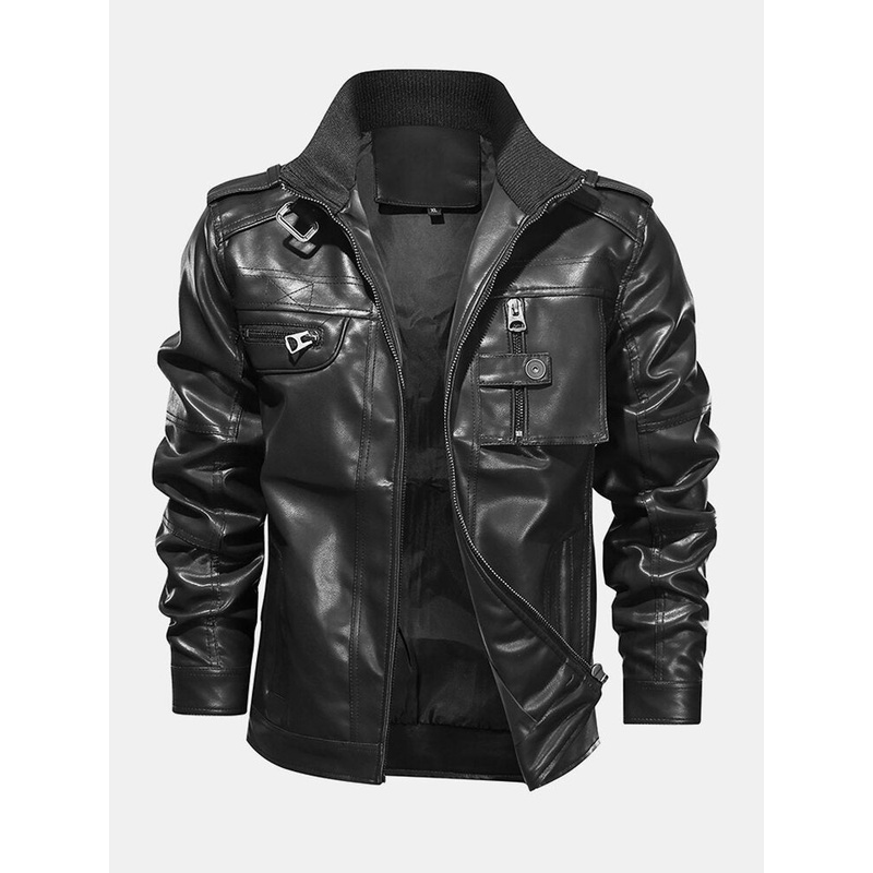 Mens Pocket Zip-Up PU Leather Black Long Sleeve Motorcycle Jacket