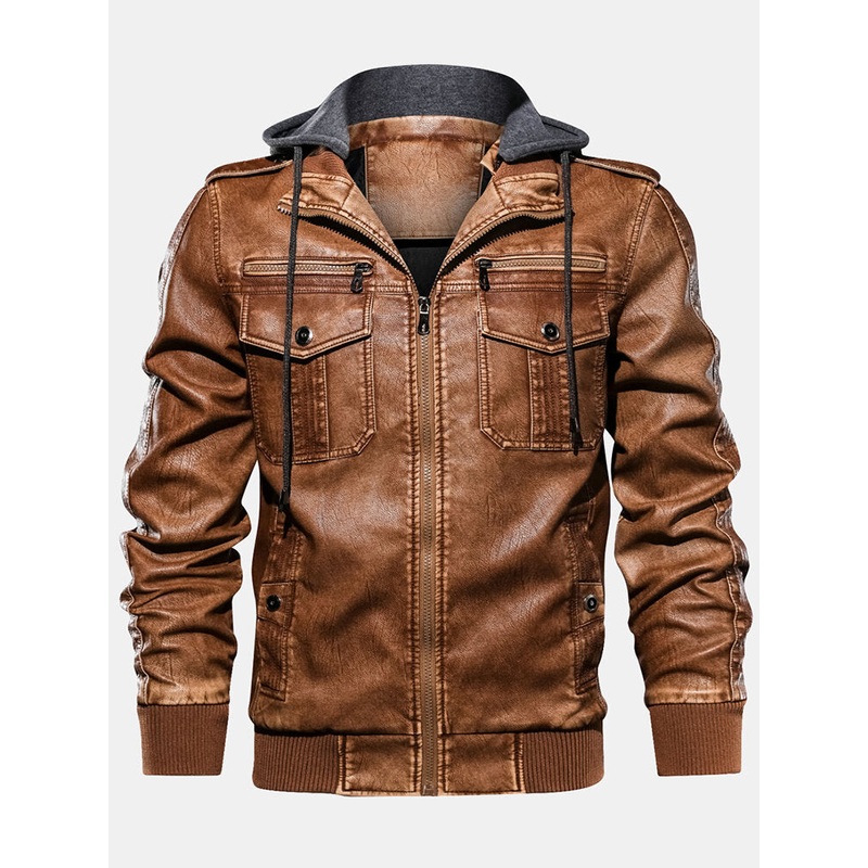 Mens PU Leather Vintage Drawstring Hooded Jacket