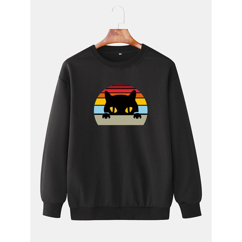 Mens Rainbow Cat Graphic Print Crew Neck Daily Loose Sweatshirt