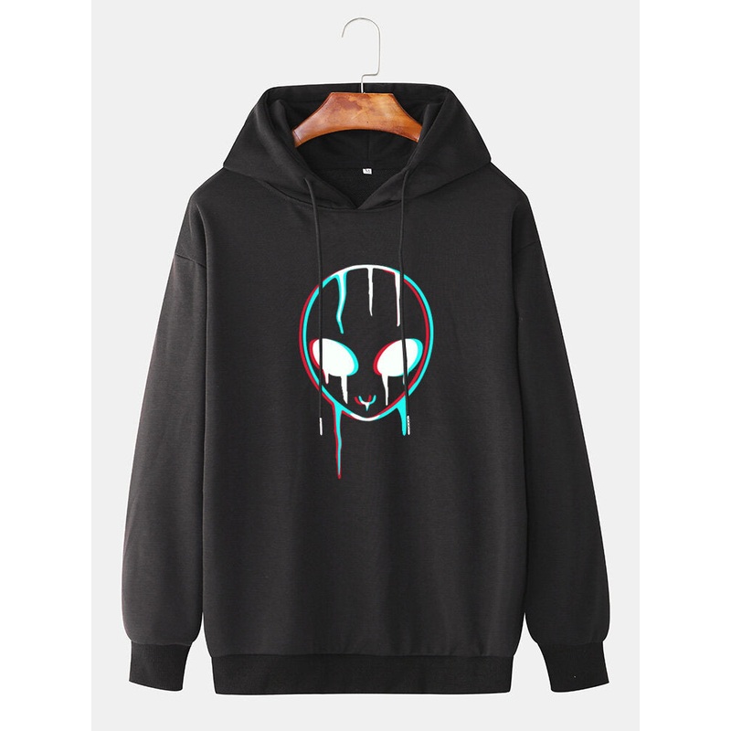 Mens Reflective Alien Print Casual Drawstring Pullover Hoodie