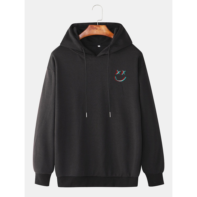 Mens Reflective Smile Face Print Cotton Casual Drawstring Pullover Hoodies