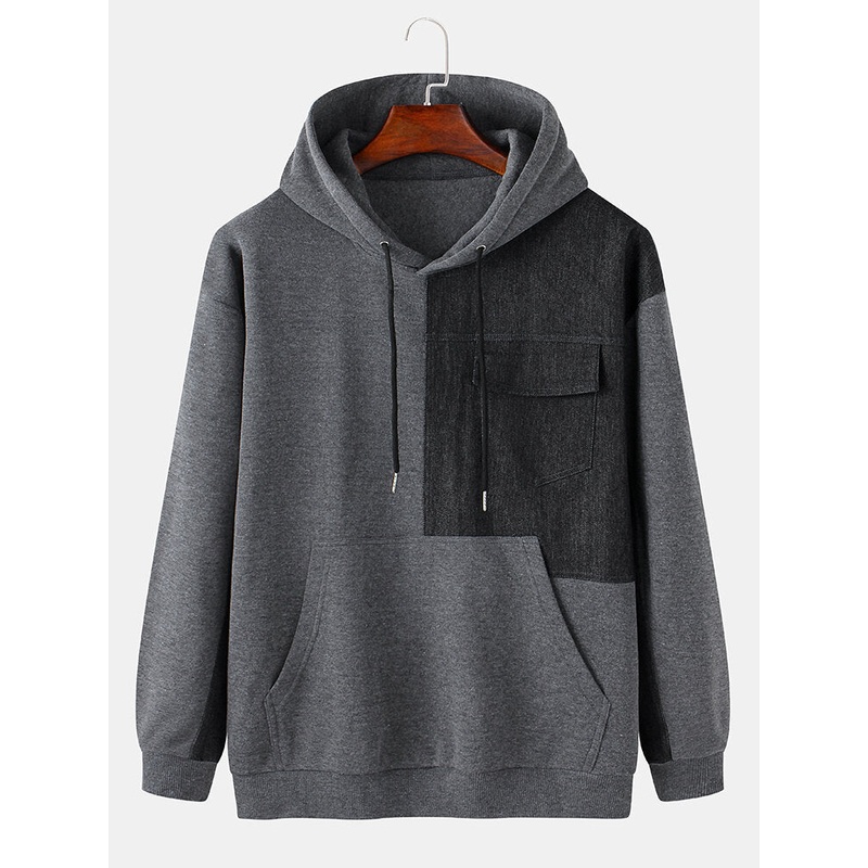 Mens Side Patchwork Long Sleeve Kangaroo Pocket Casual Drawsring Hoodies