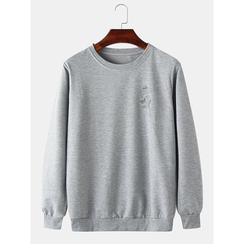 Mens Simple Rose Pattern Cotton Round Neck Casual Loose Pullover Sweatshirt