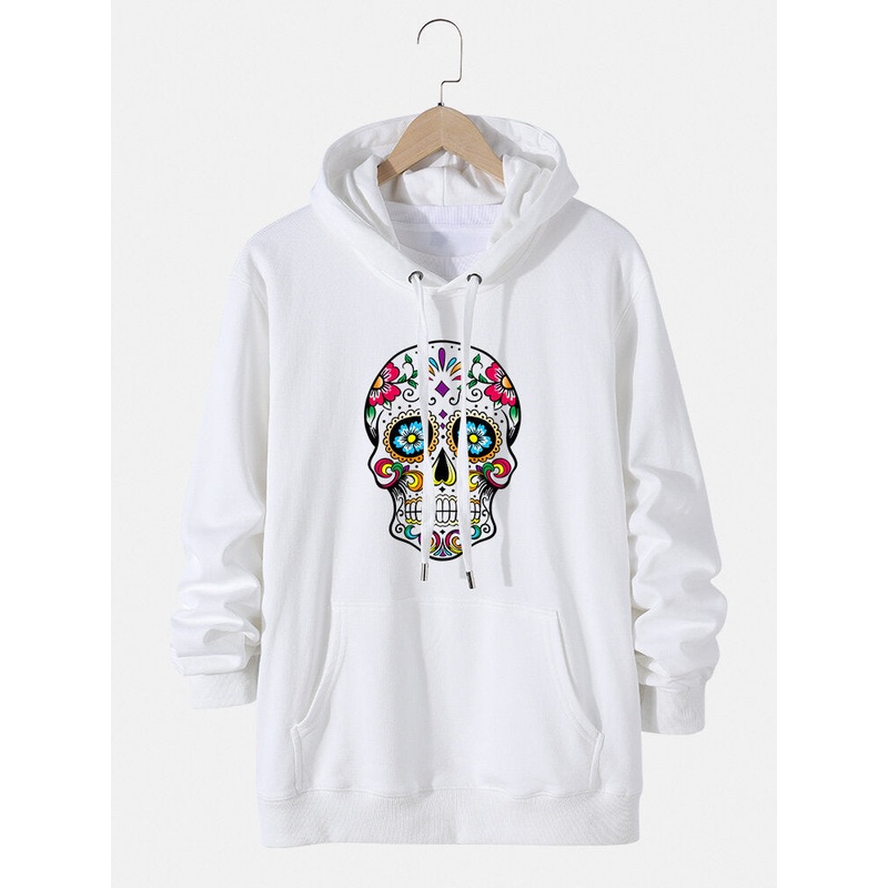 Mens Skull Floral Printed Cotton Drawstring Hoodies With Pouch Pocket