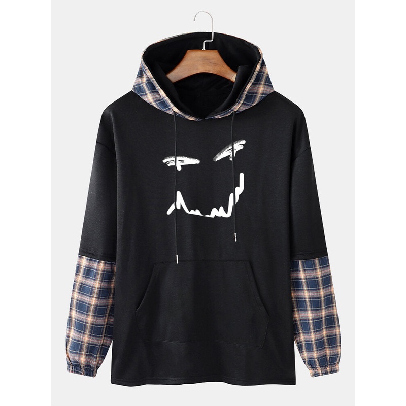 Mens Smile Print Plaid Patchwork Faux Twinset Hoodies