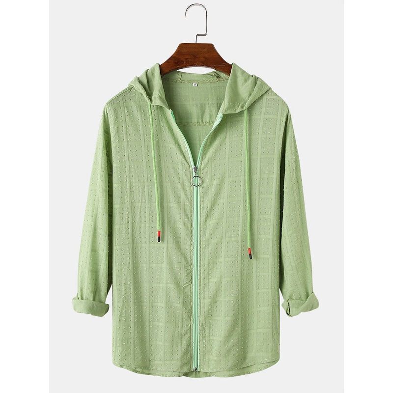Mens Solid Color Checkered Textured Light Casual Long Sleeve Zipper Hoodies