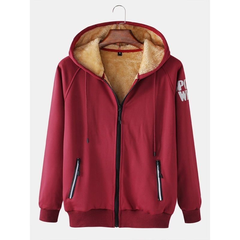 Mens Solid Color Fleece Lined Thicken Sports Outdoor Zipper Hooded Jacket