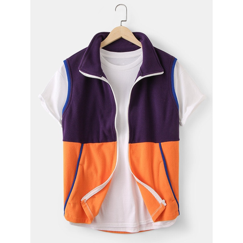 Mens Solid Color Patchwork Zip-Up Pocket Sleeveless Vest