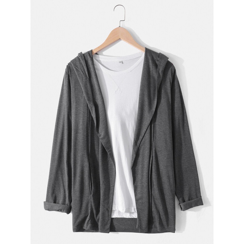 Mens Solid Color Side Pocket Long Sleeve Open Front Hooded Cardigans