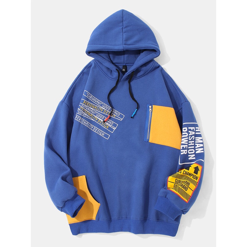 Mens Street Style Letter Tab Print Cotton Daily Drawstring Pullover Hoodie