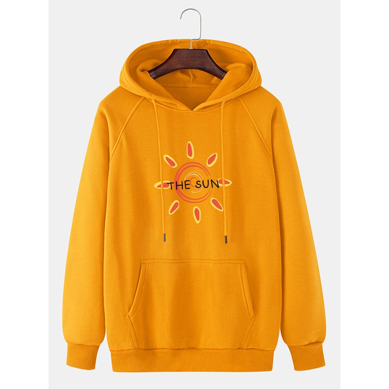 Mens Sun & Letter Graphics Kangaroo Pocket Long Raglan Sleeves Hoodies