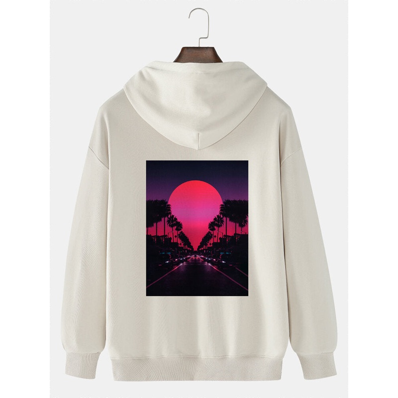 Mens Sunset Scenery Graphic Back Print Solid Cotton Casual Pullover Hoodie
