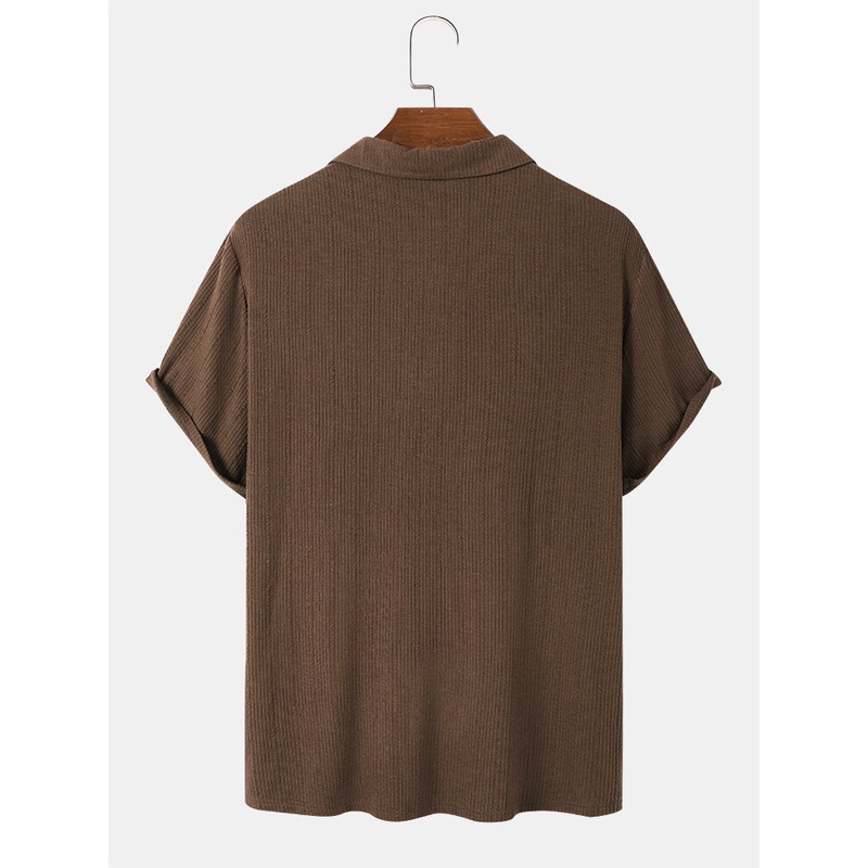 Mens Textured Applique Solid Color Daily Short Sleeve Shirts