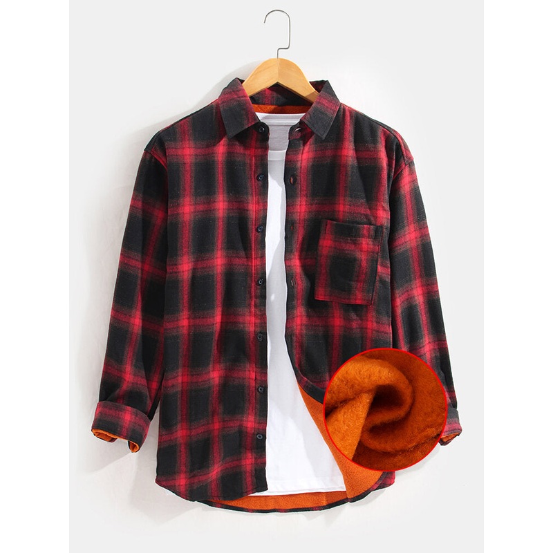 Mens Thicken Classic Plaid Warm Lined Long Sleeve Shirts With Pocket