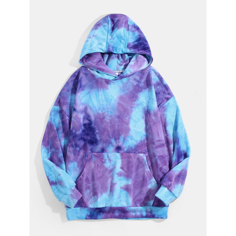 Mens Tie Dye Print Drop Shoulder Casual Pouch Pocket Hoodies