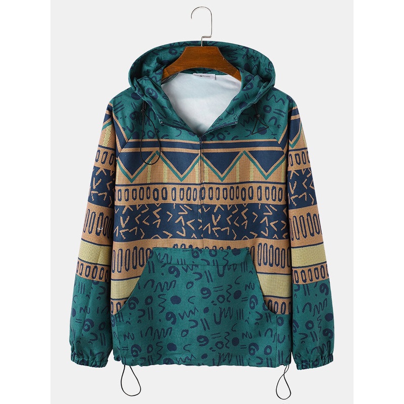Mens Tribal Pattern Ethnic Style Zipper Hoodie Portable Windbreaker Jacket