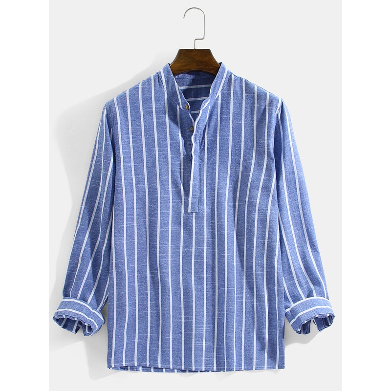 Mens Vertical Striped Stand Collar Cotton Casual Long Sleeve Henley Shirts
