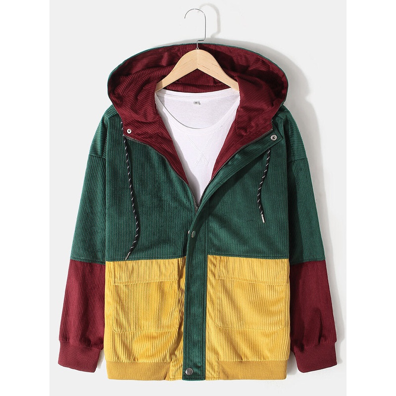 Mens Vintage Colorblock Corduroy Stitching Hooded Jacket