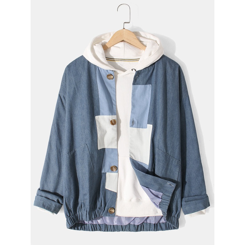Mens Vintage Patchwork Bodycon Hem Baseball Collar Denim Jacket