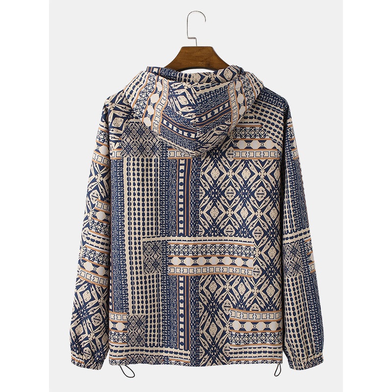 Mens Vintage Tribal Pattern Print Drawstrin Hem Pullover Hoodie Portable Windbreaker Jacket