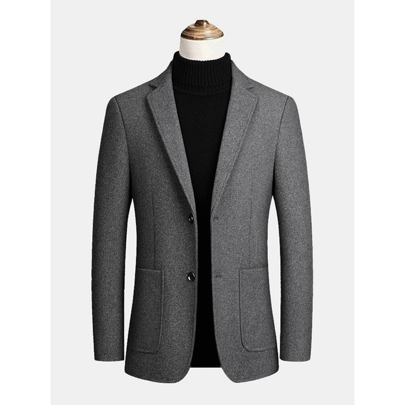 Mens Woolen Single-Breasted Big Pocket Lapel Thick Business Trench Coats