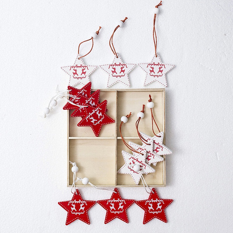 12Pcs/set Christmas DIY Wooden Pendants Christmas Tree Decorations Closet Creative Painted Red And White Christmas Pendants Decorations