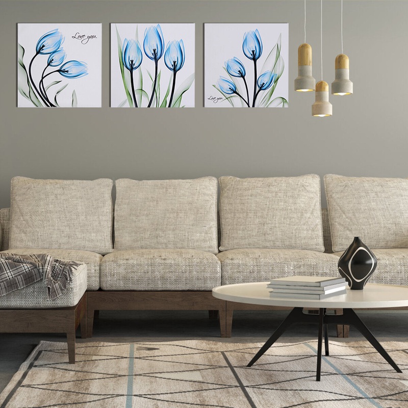 3Pcs Canvas Print Paintings Blue Tulip Wall Mural Decoration Art Pictures Frameless/Framed Wall Hanging Decorations for Home Office