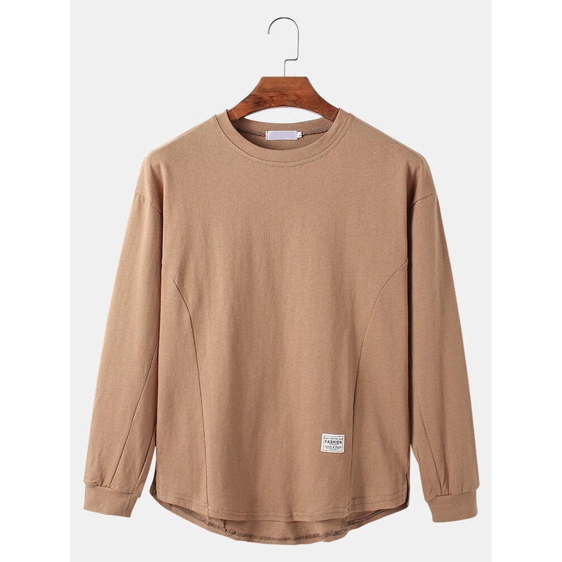 Cotton Mens Solid Color Round Neck Long Sleeve Loose T-Shirts