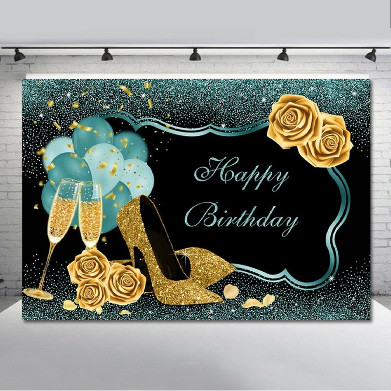 Green Gold Happy Birthday Backdrop Cloth High Heels Glasses Photography Background Glitter Banner For Party Decoration