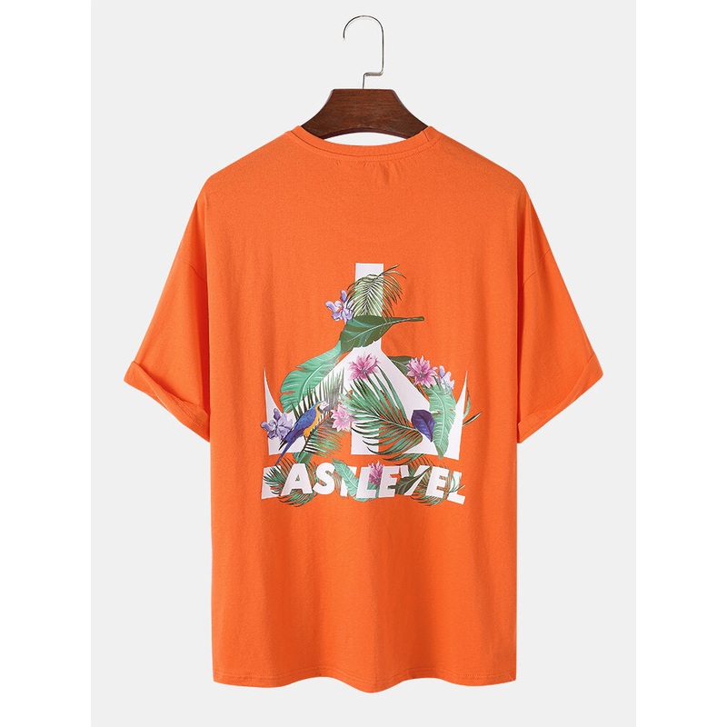 Mens 100% Cotton Plant Letter Back Print Short Sleeve Relaxed Fit T-Shirts