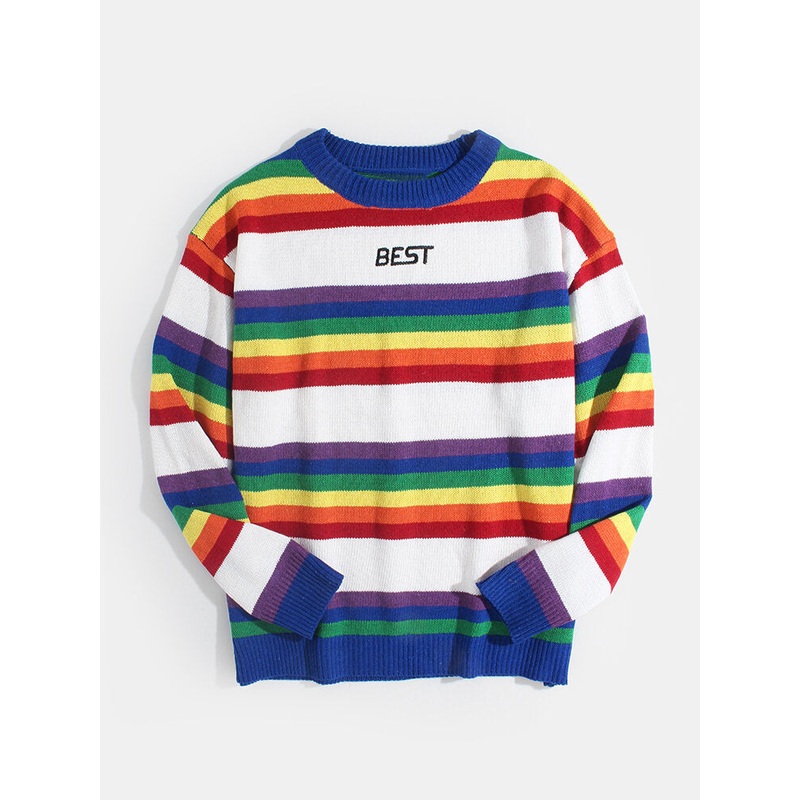 Mens Colorful Horizontal Stripe Letter Embroidery Knit Casual Pullover Sweaters