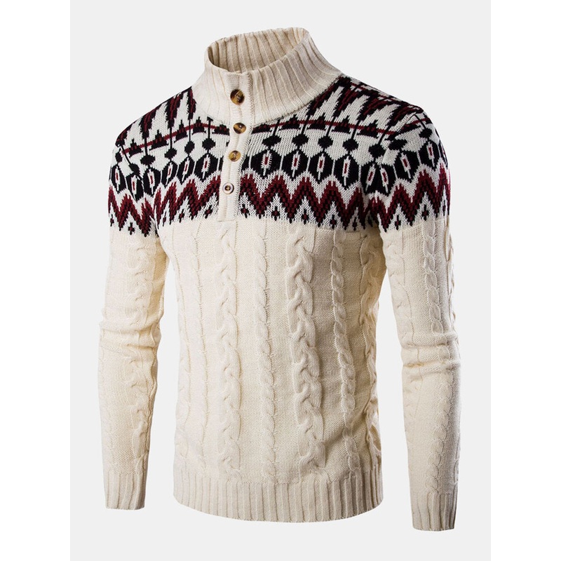 Mens Graphics Knitted Half Button Warm Cable Sweaters