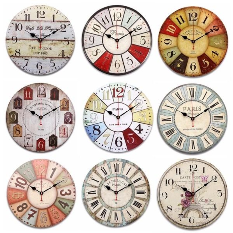 Colorful Large Wooden Wall Clock Vintage Rustic Shabby For Home Decoration Art