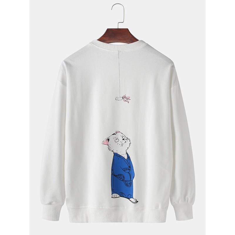 Cat Back Print Drop Shoulder Mens Cotton Long Sleeve Cartoon Sweatshirts