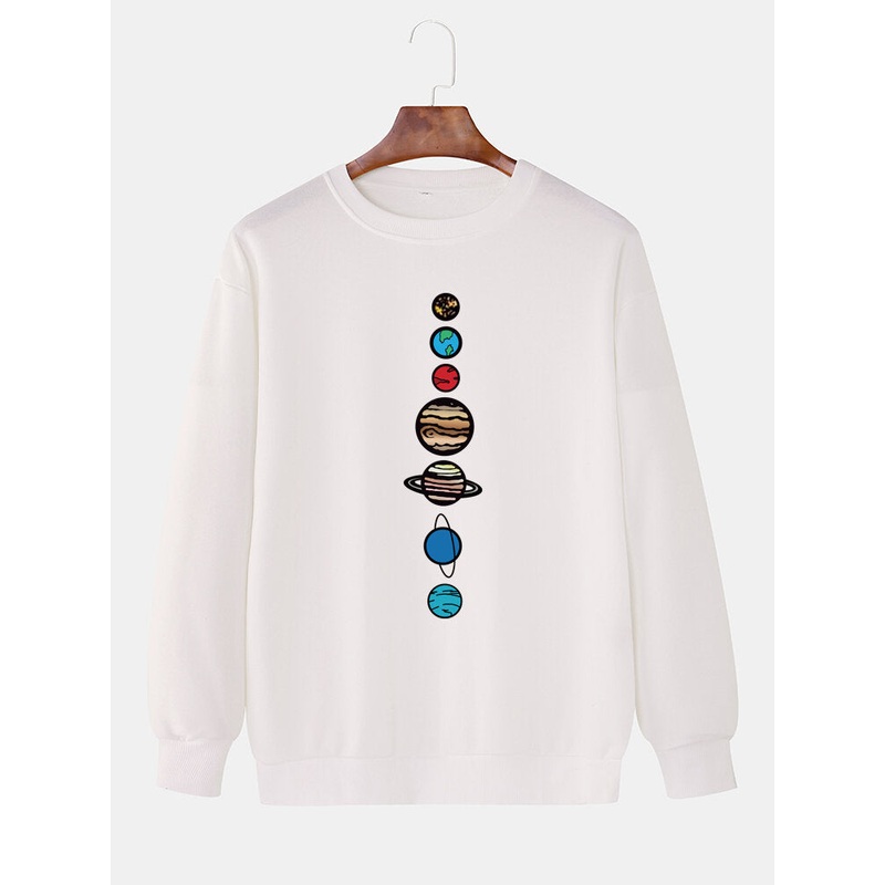 Cotton Cartoon Planet Print Long Sleeve Simple Drop Shoulder Sweatshirts For Men