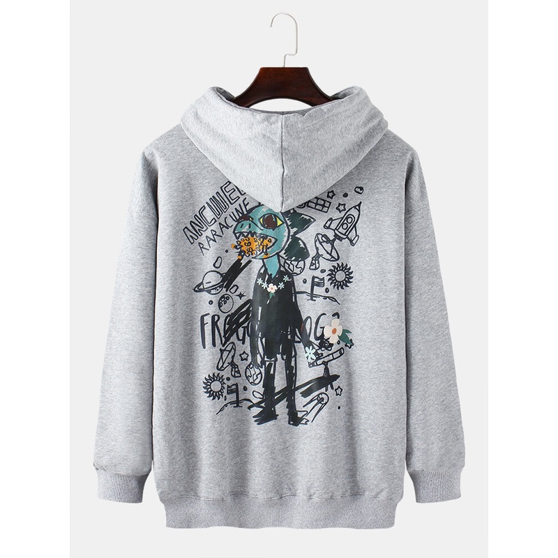 Cotton Funny Graffiti Back Print Kangaroo Pocket Long Sleeve Drop Shoulder Hoodies For Men
