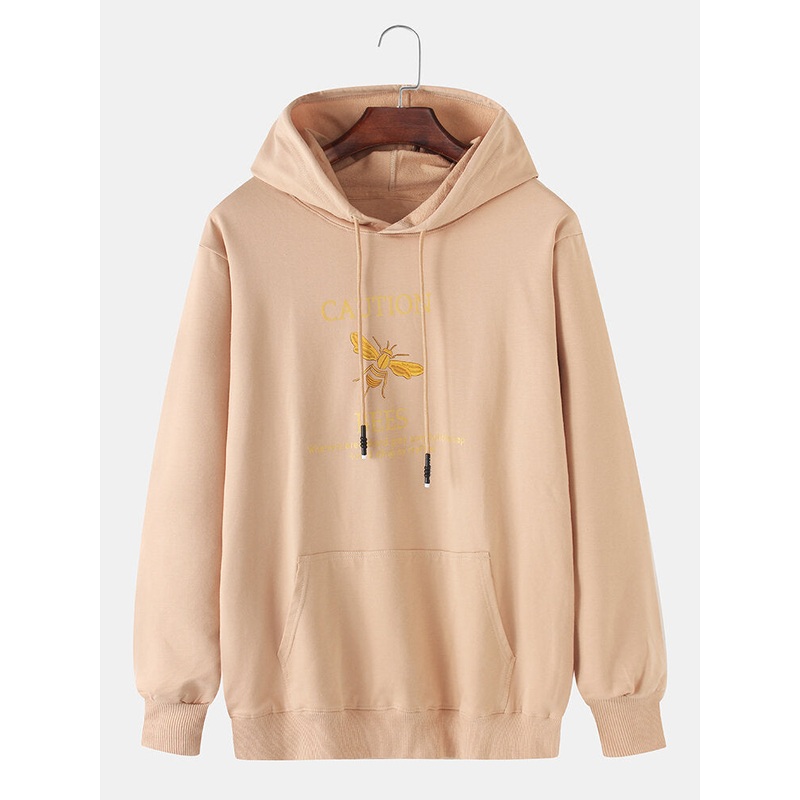 Cotton Mens Bee Pattern Letter Print Drawstring Hoodies With Kangaroo Pocket