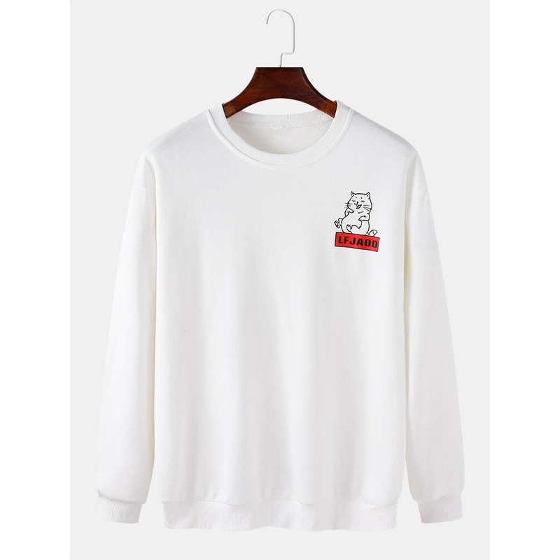 Cotton Mens Cartoon Cat Pattern Pullover Drop Shoulder Simple Long Sleeve Sweatshirts