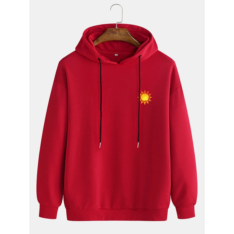 Cotton Mens Casual Sun Printed Dropped Shoulder Drawstring Long Sleeve Hoodies