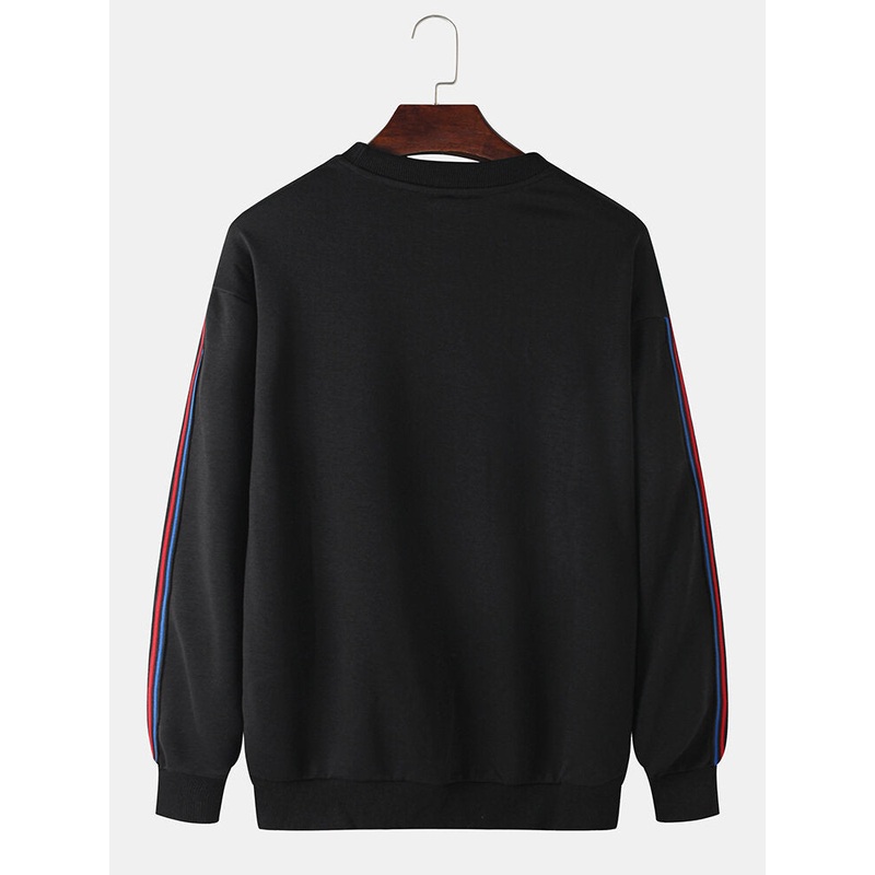 Cotton Mens Side Wbeeing Patchwork Round Neck Pullover Black Casual Sweatshirts