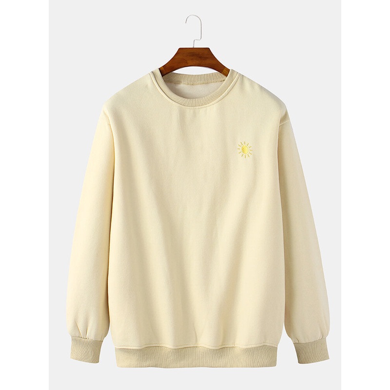 Cotton Mens Sun Embroidery Bodycon Hem Pullover Long Sleeve Simple Sweatshirts