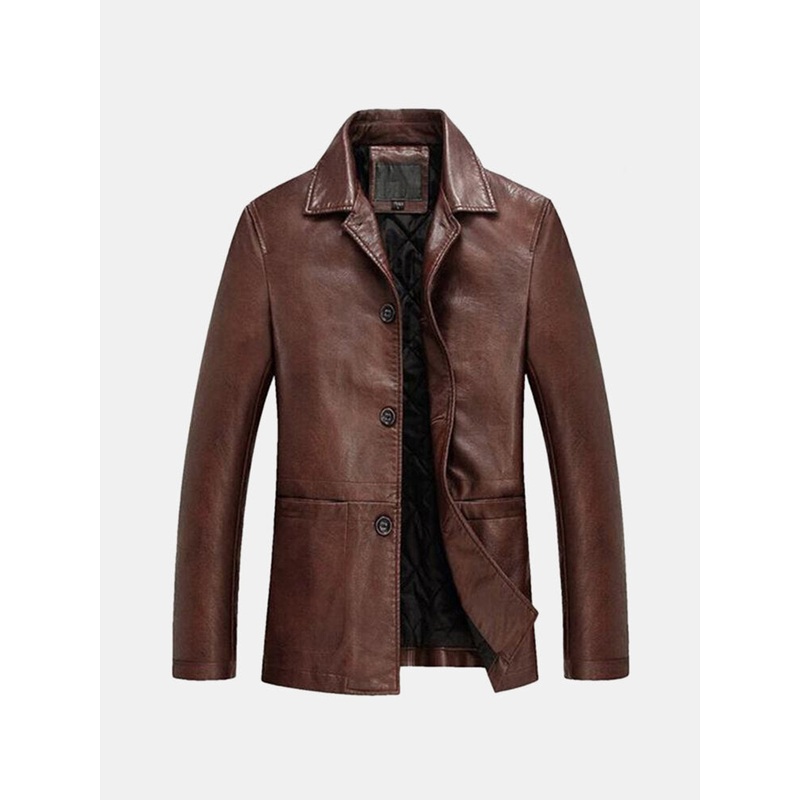 Faux Leather Jacket Winter Plus Thick Single-breasted PU Business Casual Blazers for Men