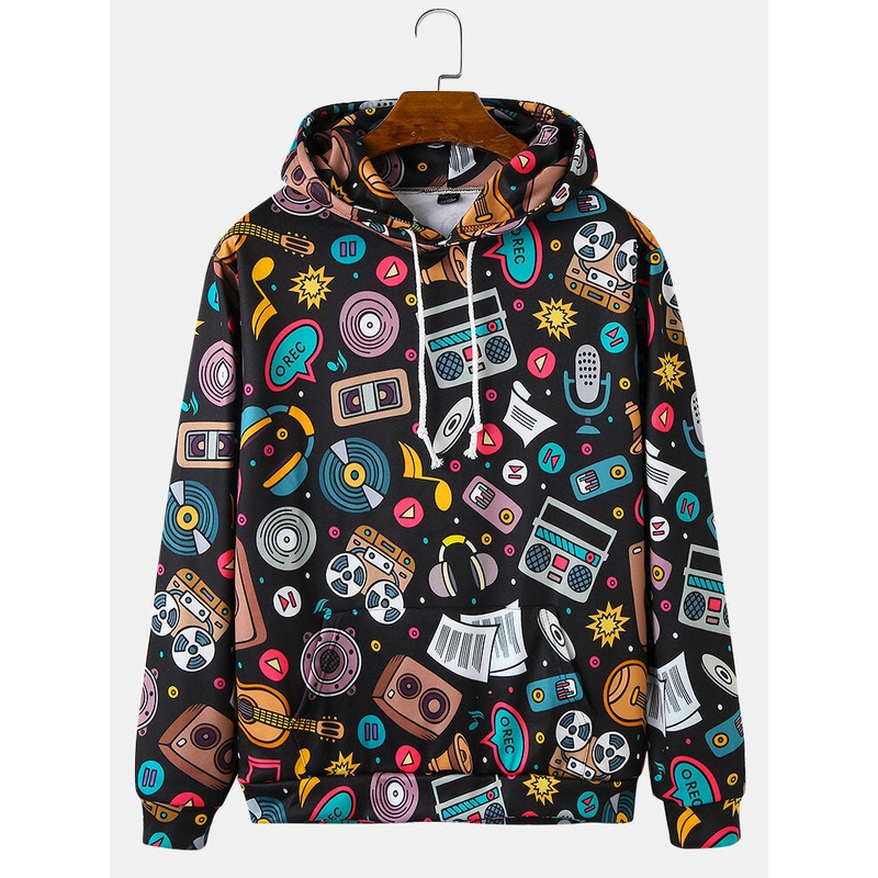 Funny Cartoon Print Pocket Drop Shoulder Hoodies For Men