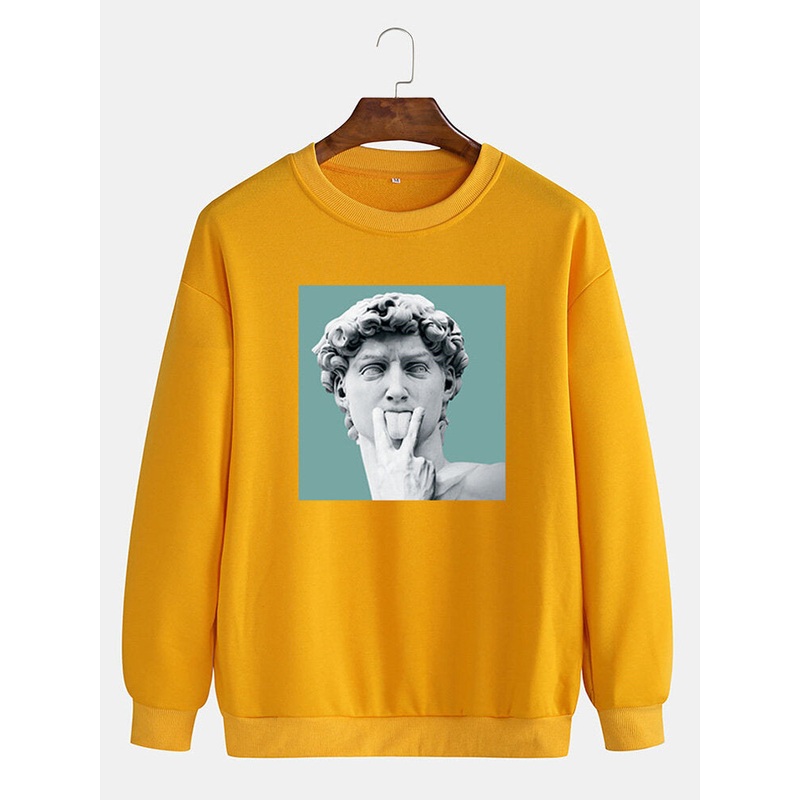 Funny David Statue Print Cotton Pullover Long Sleeve Drop Shoulder Sweatshirts For Men