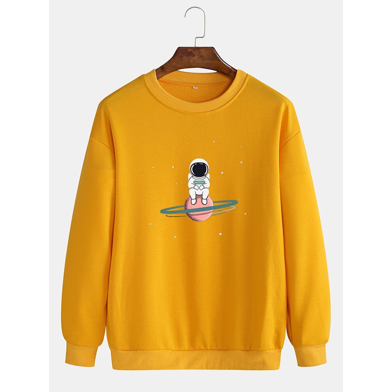 Men Cute Cartoon Astronaut Print Long Sleeve Drop Shoulder Cotton Sweatshirts
