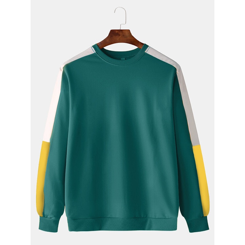 Men Fashion Casual Color Block Elastic Hem Crew Neck Sweatshirt