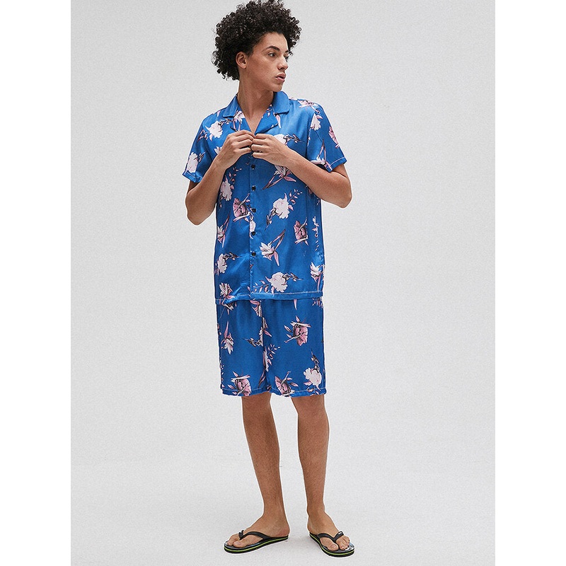 Men Floral Print Revere Collar Short Sleeve Home Breathable Pajama Set Sleepwear