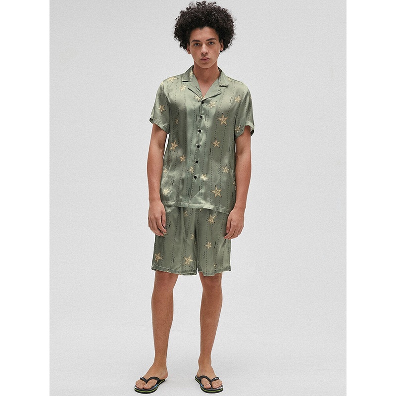 Men Funny Star Print Revere Collar Short Sleeve Home Silk Sleepwear Pajamas Set